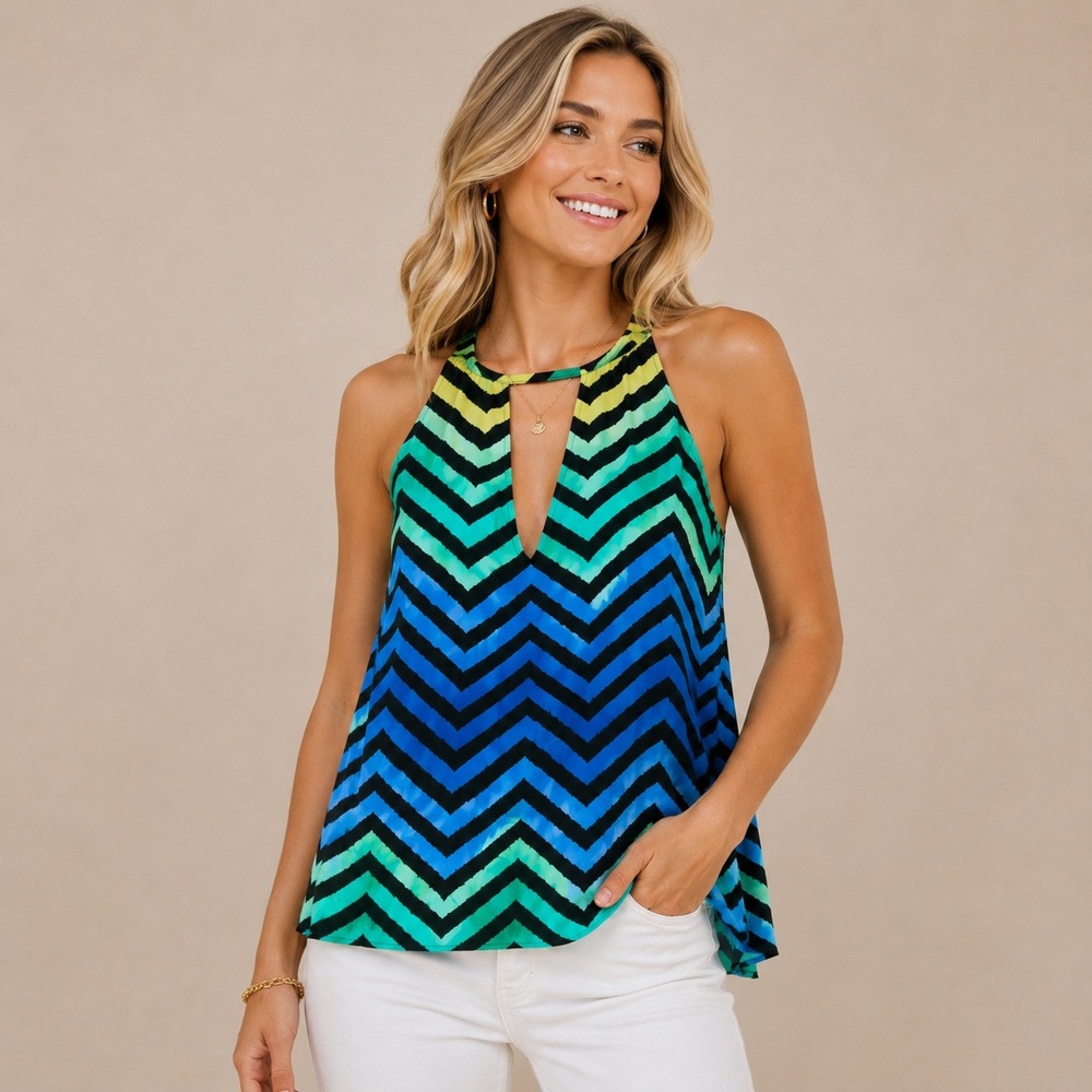 Parker Women's M Silk Chevron Patterned Sleeveless Top Blue Deep V Neck READ
